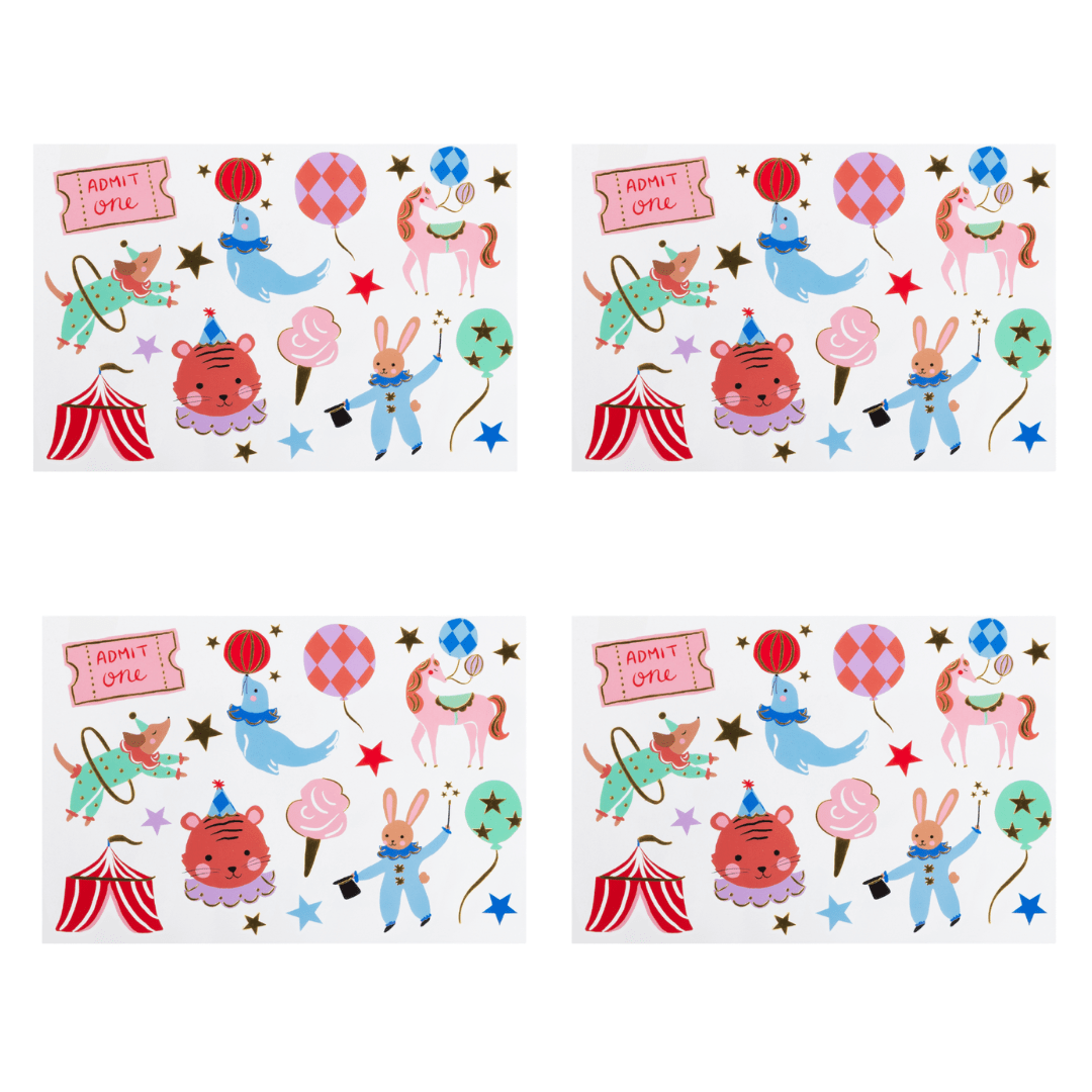 Temporary tattoo sheets each featuring a playful circus and animal illustration with a sign that reads 'I ADMIT OFFEE'. The designs include cartoon bears, rabbits, lions, a blue bird, balloons, stars, and tents on a white background.