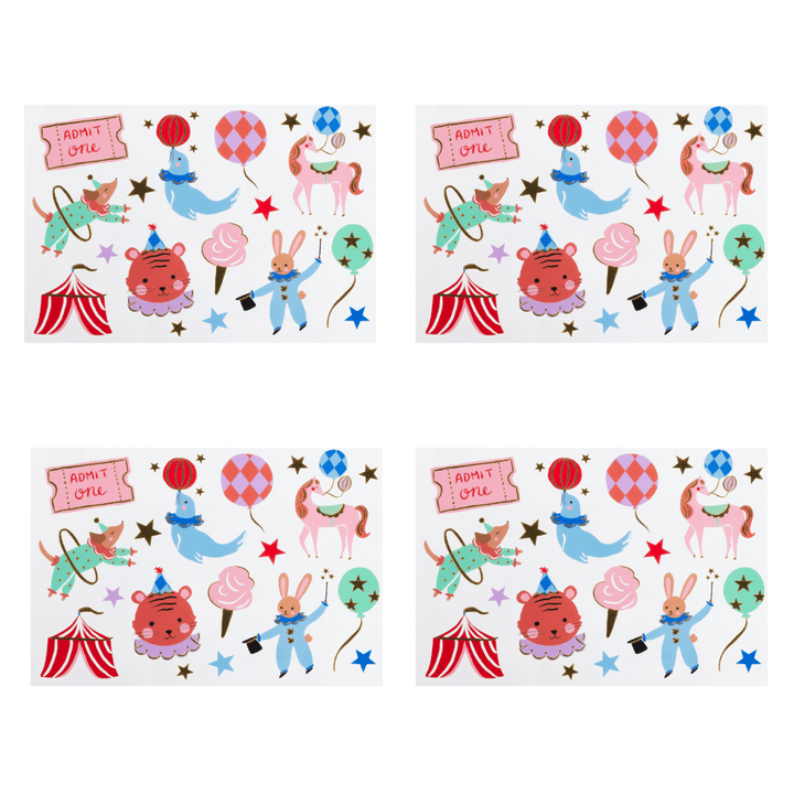 Temporary tattoo sheets each featuring a playful circus and animal illustration with a sign that reads 'I ADMIT OFFEE'. The designs include cartoon bears, rabbits, lions, a blue bird, balloons, stars, and tents on a white background.