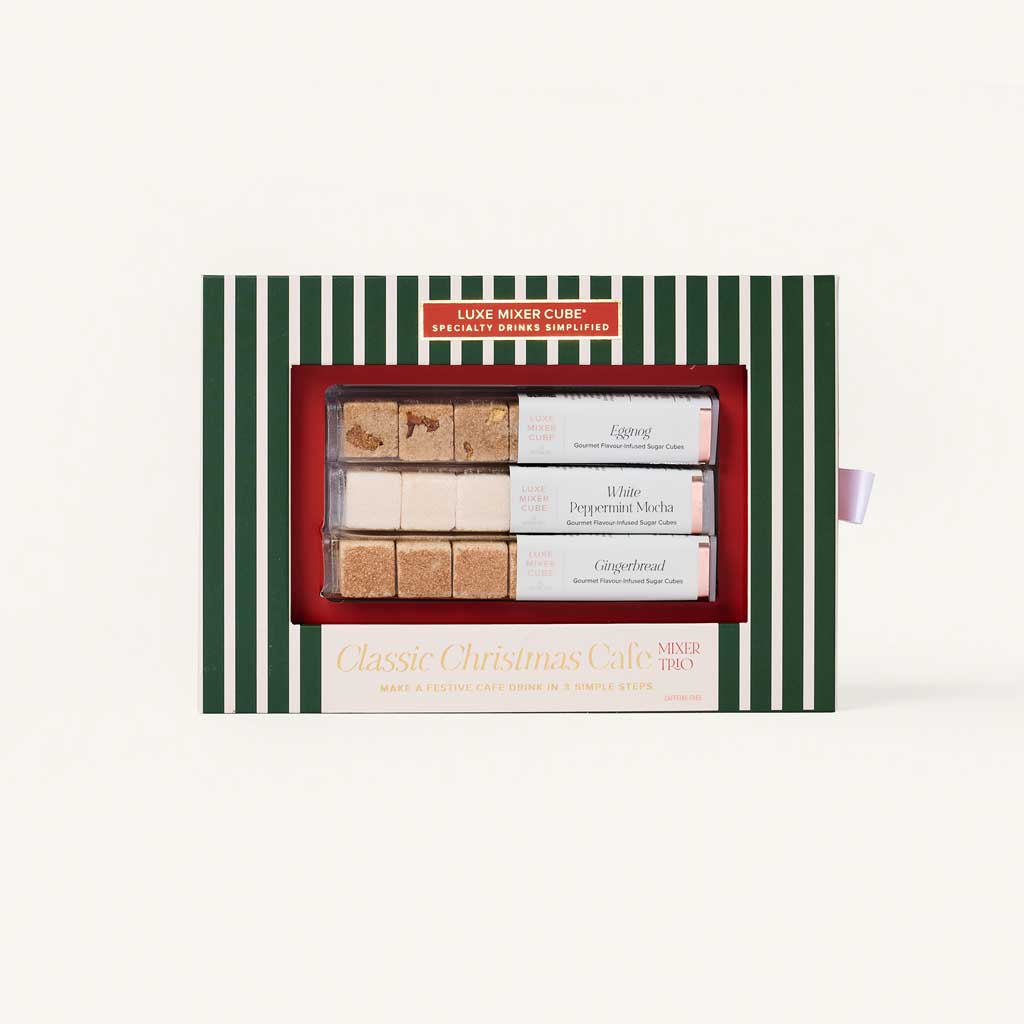 Classic Christmas cafe coffee mixer cubes box in eggnog, white peppermint mocha, and gingerbread