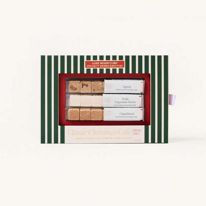 Classic Christmas cafe coffee mixer cubes box in eggnog, white peppermint mocha, and gingerbread