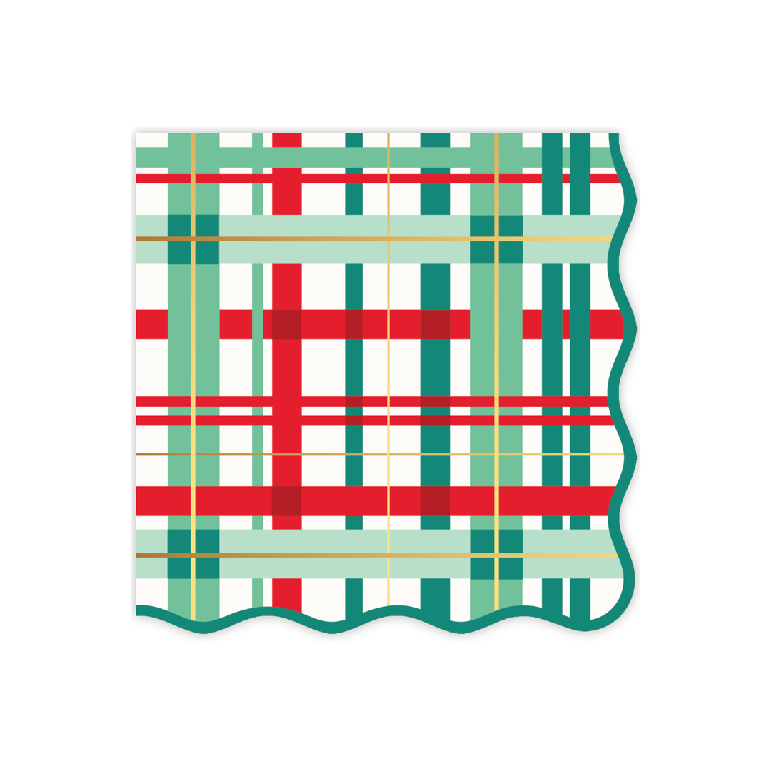 Red, green, and gold Christmas tartan plaid napkin with a scalloped green edge for a holiday party