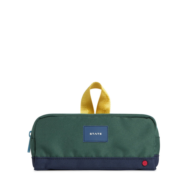 Green and navy STATE Clinton pencil case, front view with navy STATE patch and mustard yellow top loop