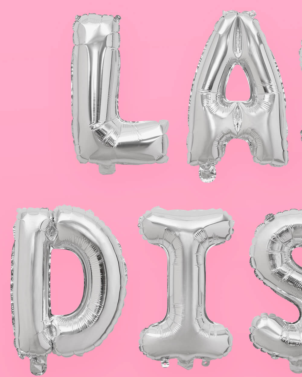 Close up of the silver disco foil letter balloons
