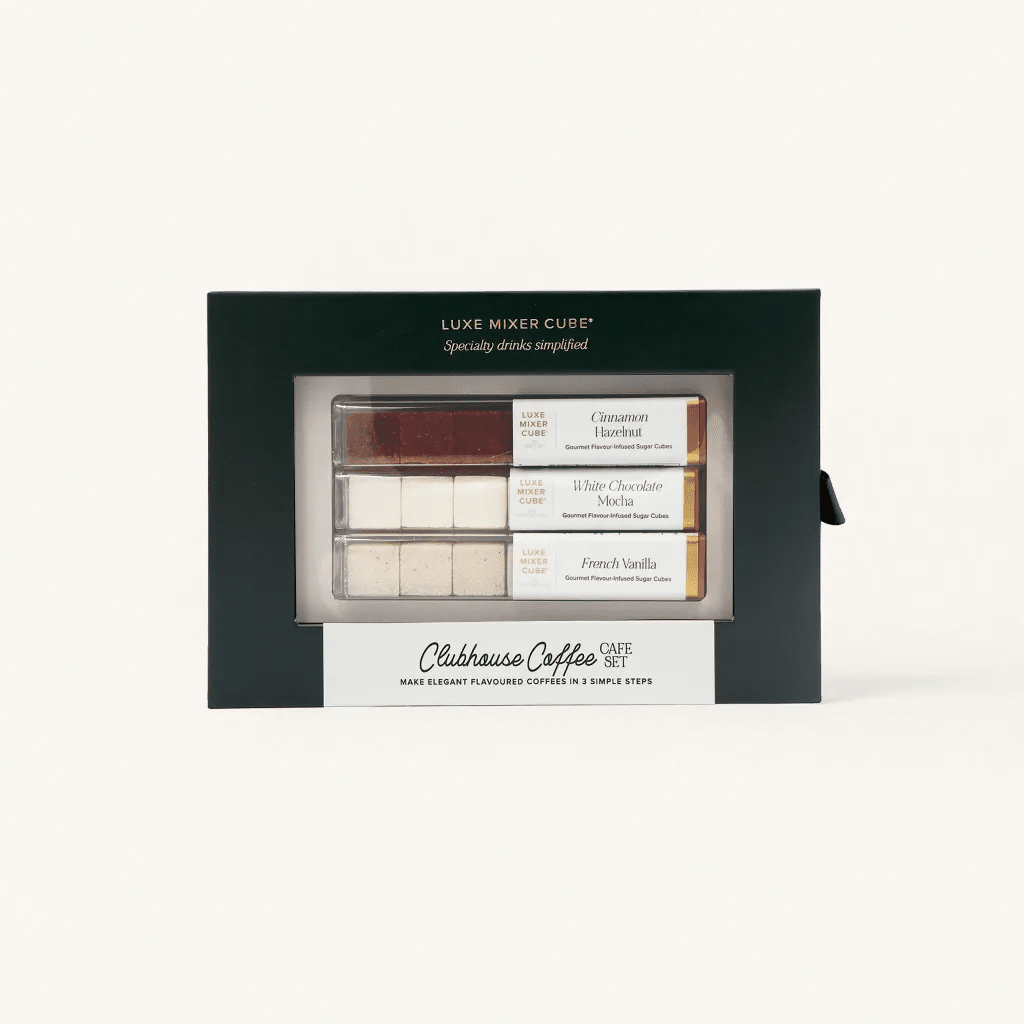 Mocha coffee mixer cubes box in cinnamon hazelnut, white chocolate mocha, and french vanilla