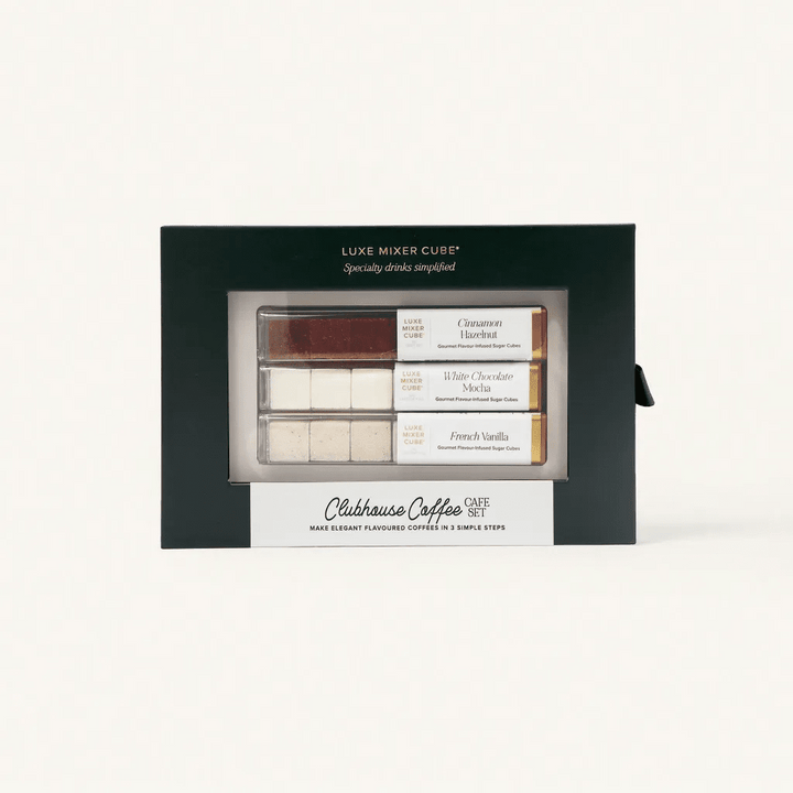 Mocha coffee mixer cubes box in cinnamon hazelnut, white chocolate mocha, and french vanilla