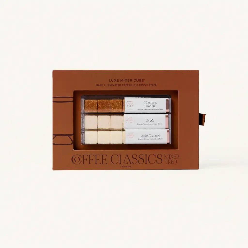 Coffee mixer cubes classics kit box in vanilla, salted caramel, and cinnamon hazelnut