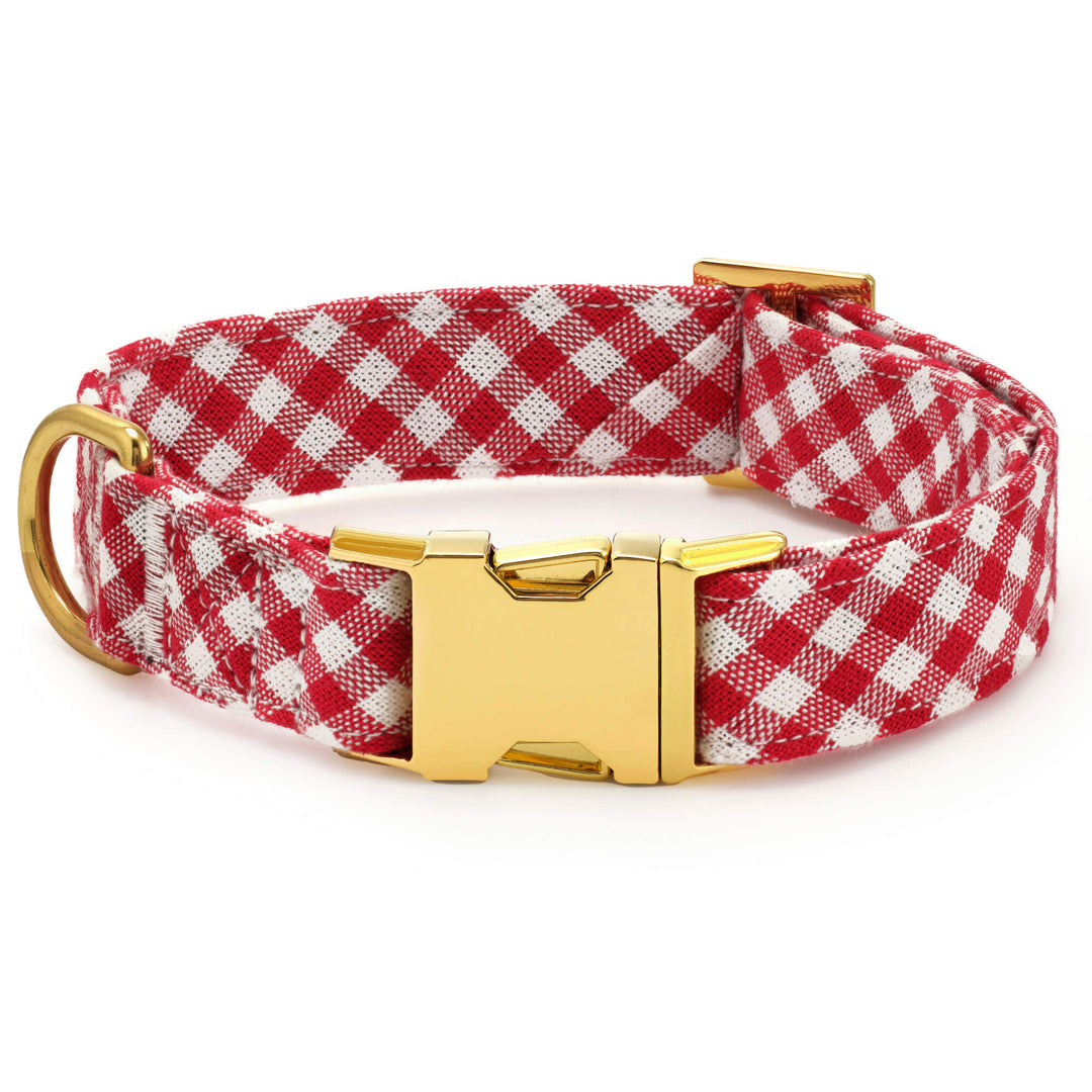Red gingham dog collar shown without the bow, front view