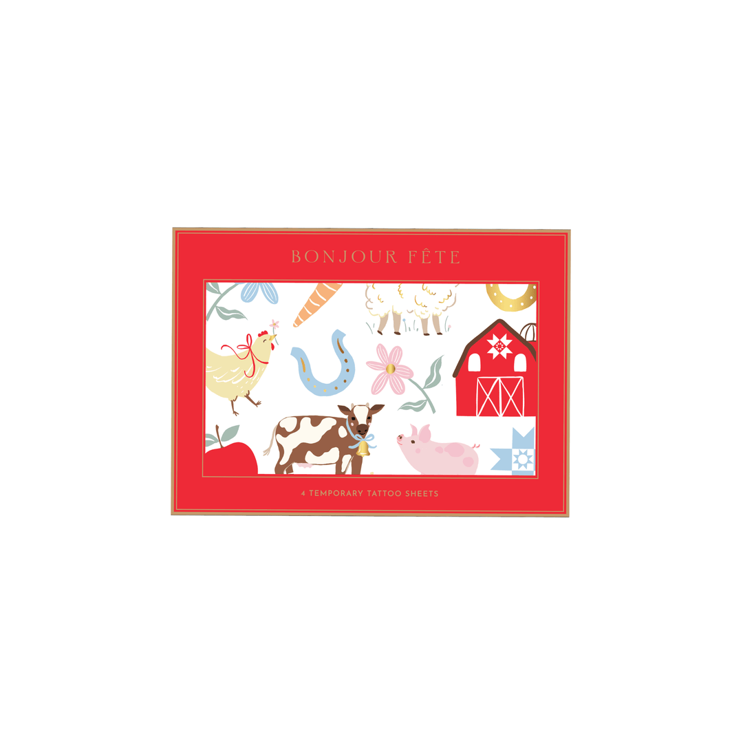 Countryside farm animal temporary tattoos with a cow, pig, chicken, sheep, and red barn for a farm party favor