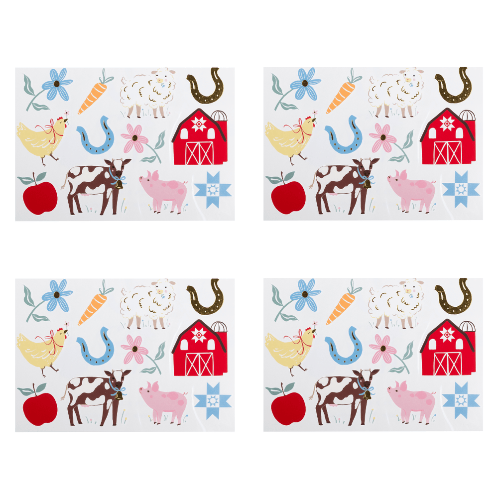 Temporary Tattoos arranged in a 2x2 grid on a white background. Each has a colorful farm illustration with a red barn, yellow chicken, pink pig, brown cow, blue flower, carrot, horseshoe, apple, and star motifs.