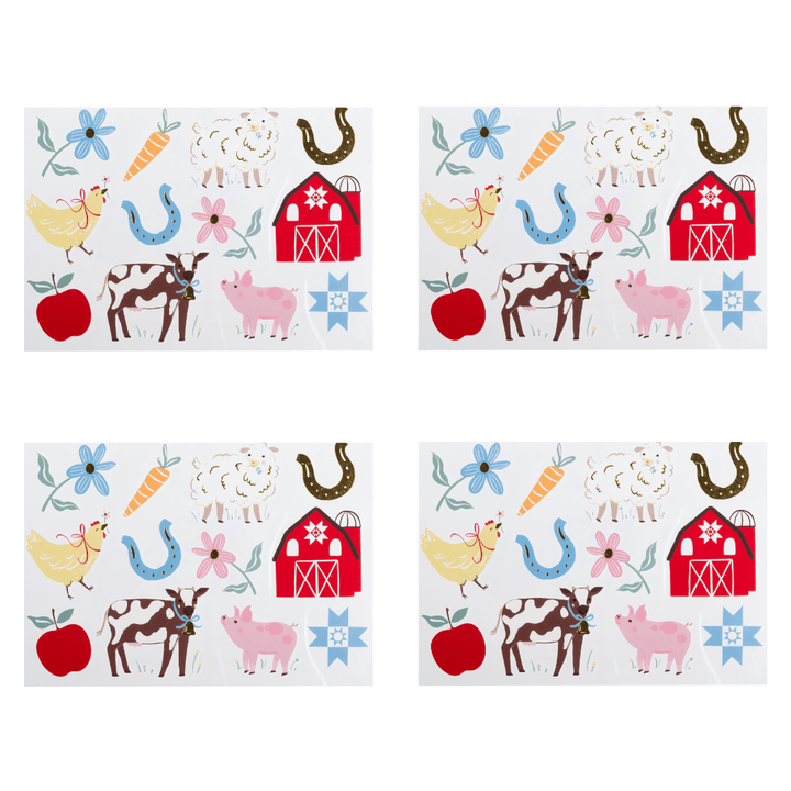 Temporary Tattoos arranged in a 2x2 grid on a white background. Each has a colorful farm illustration with a red barn, yellow chicken, pink pig, brown cow, blue flower, carrot, horseshoe, apple, and star motifs.