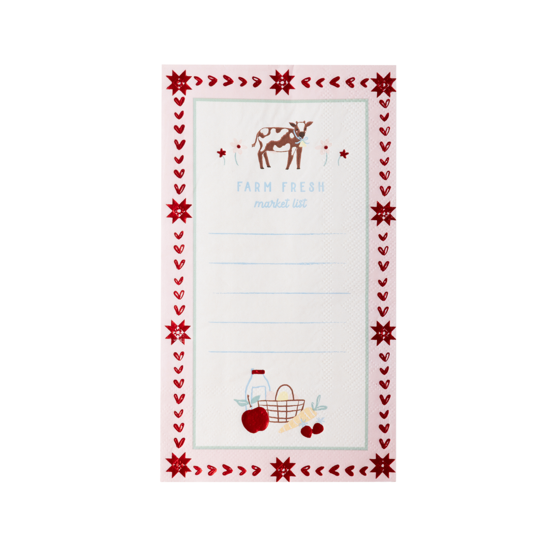 A vertical farm fresh market list notepad  napkin with a decorative red border, featuring a cow illustration at the top and produce icons at the bottom on a white background.