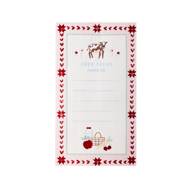 A vertical farm fresh market list notepad  napkin with a decorative red border, featuring a cow illustration at the top and produce icons at the bottom on a white background.