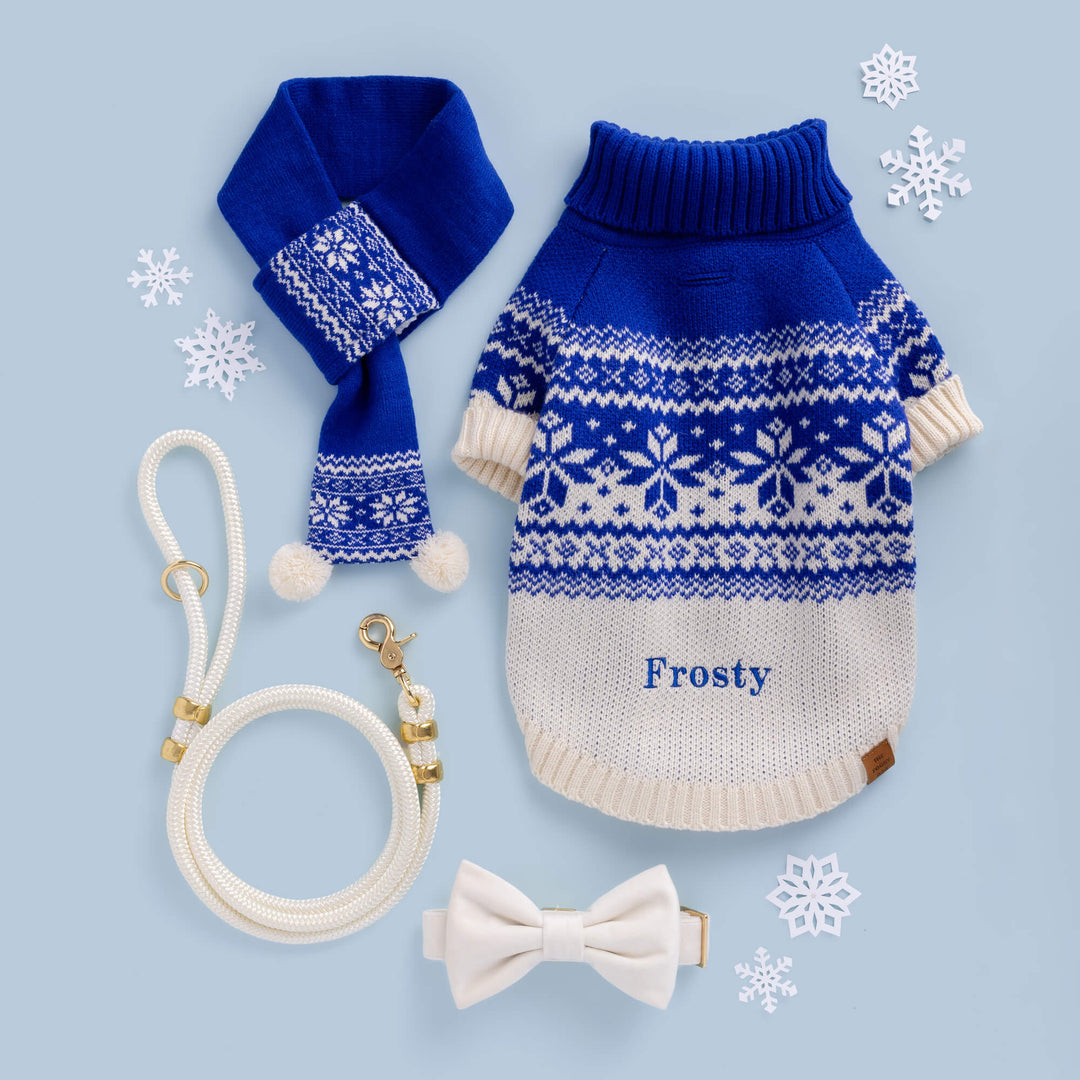 Blue snowflake dog sweater and scarf arranged with a white rope leash, white bow, and snowflake decorations.
