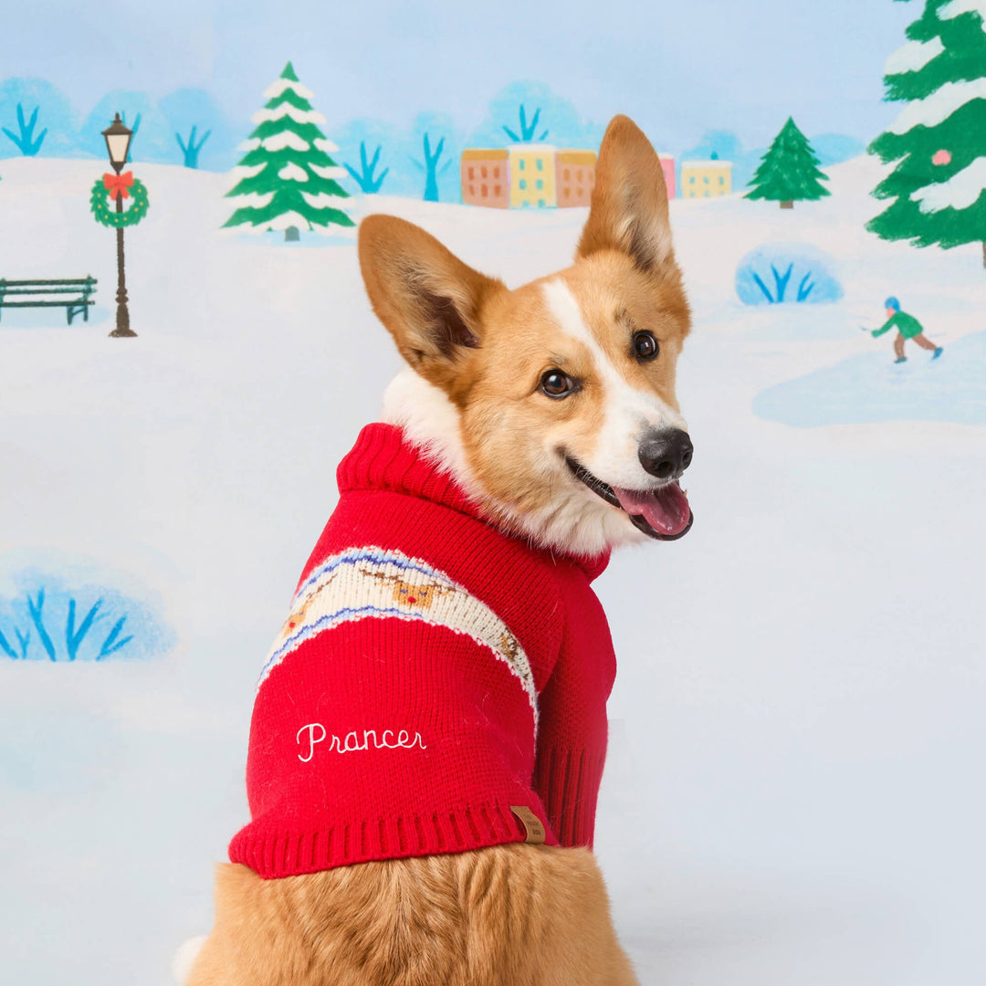Corgi in the red reindeer sweater on a painted snowy park set with evergreen trees