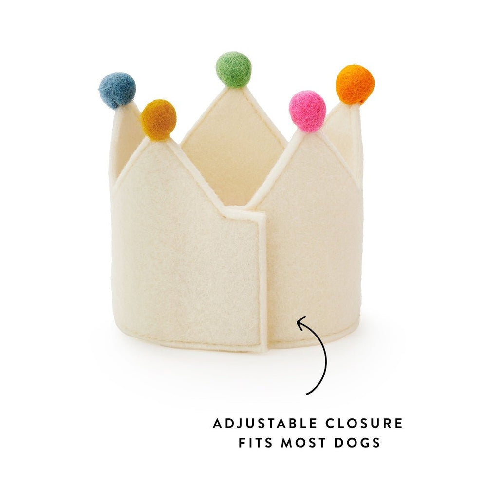 Back of the plain ivory felt crown showing the hook and loop seam and an adjustable closure callout