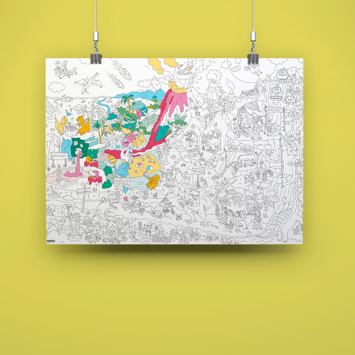 Dinosaur giant coloring poster hung on a wall, partly colored with a large pink and green dinosaur scene