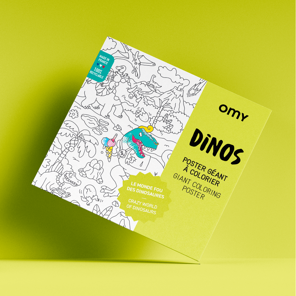 Packaged dinosaur giant coloring poster with line-art cover, on a yellow-green background