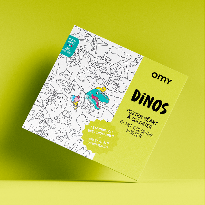 Packaged dinosaur giant coloring poster with line-art cover, on a yellow-green background