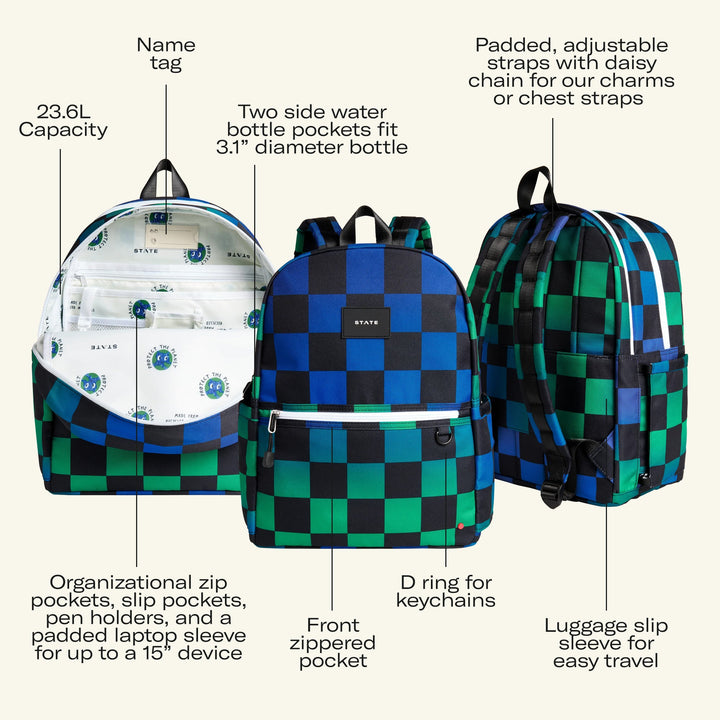 Kane Double Pocket feature callouts on the checkerboard colorway: laptop sleeve, bottle pockets