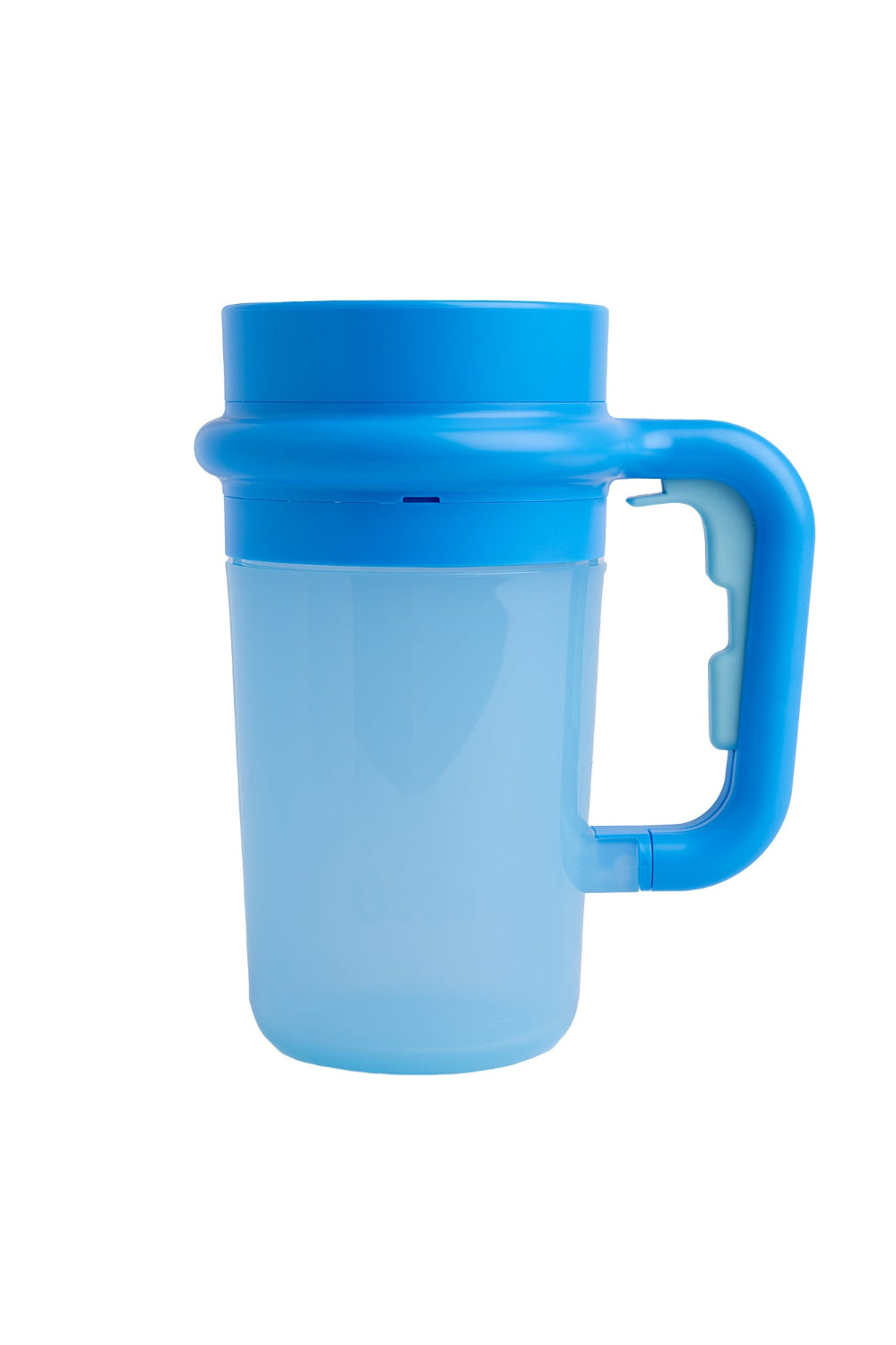 Blue Wonder Cup, side view showing the handle and lid seal