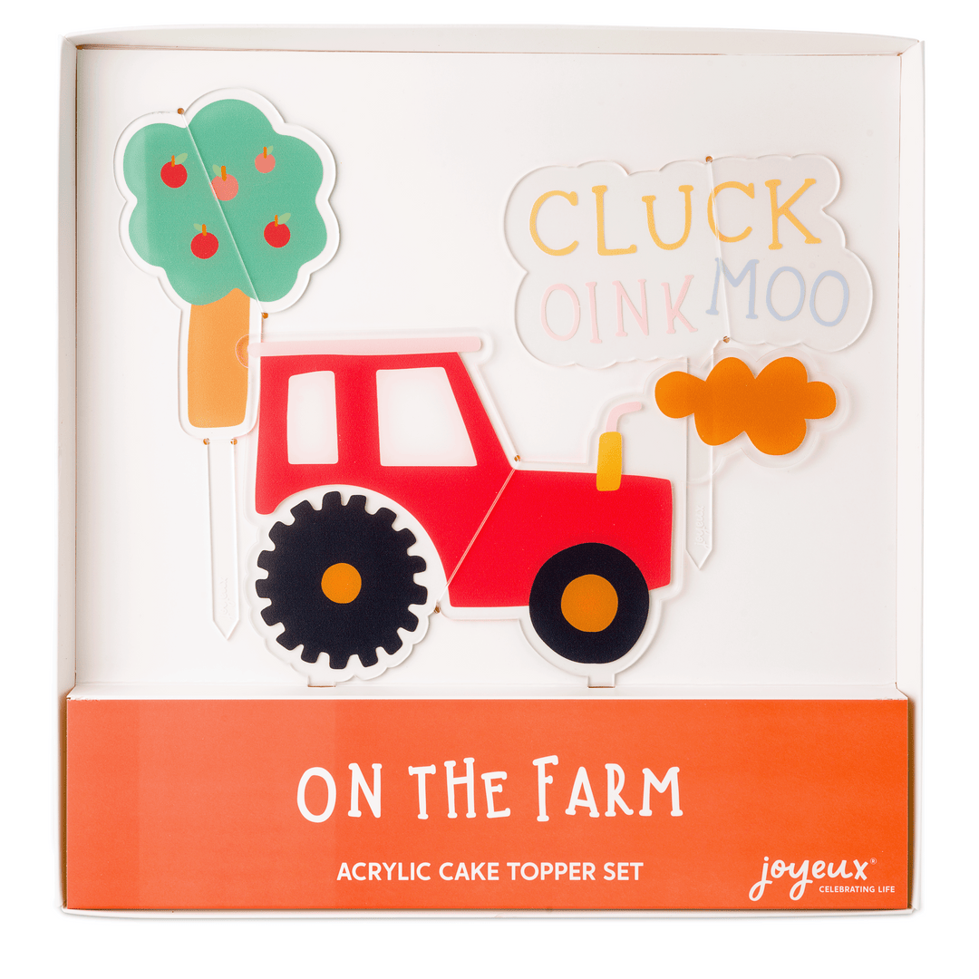 On the Farm acrylic cake topper set by Joyeux Company, farm themed cake decoration