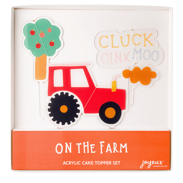 On the Farm acrylic cake topper set by Joyeux Company, farm themed cake decoration