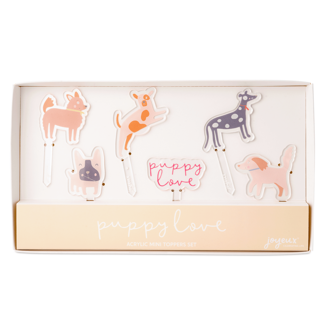 Acrylic puppy dog cake toppers for a dog-themed birthday party dessert table