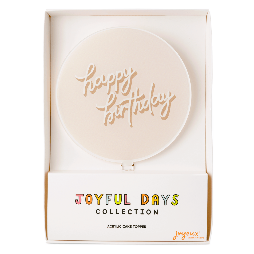Happy Birthday cake topper in taupe acrylic lettering