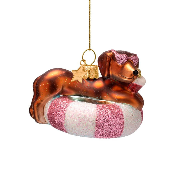 DOG ON POOL FLOAT GLASS ORNAMENT Vondels DOG ON POOL FLOAT GLASS ORNAMENT Bonjour Fete - Party Supplies