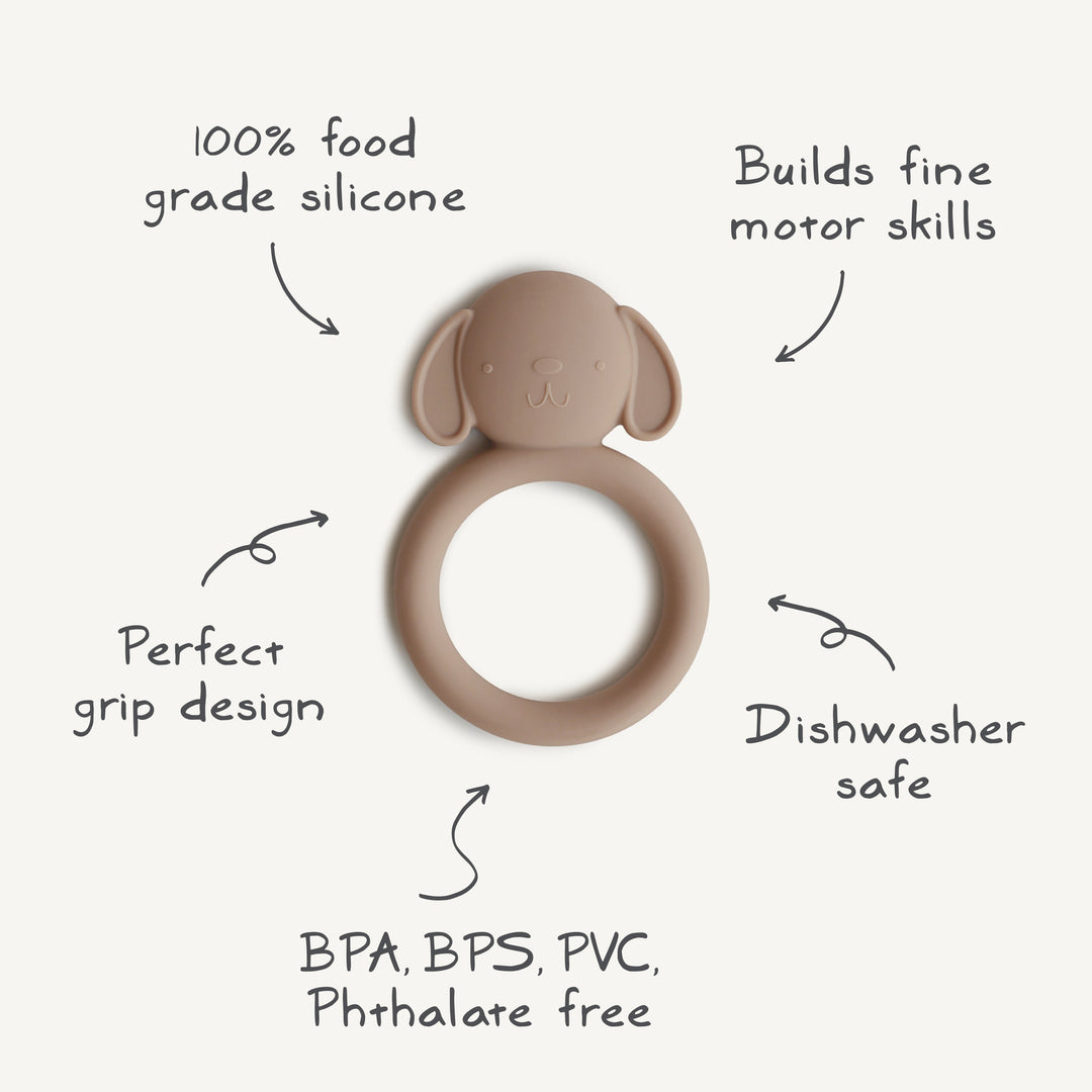 Infographic showing the Mushie animal ring teether features: food-grade silicone and an easy-grip ring that soothes sore gums