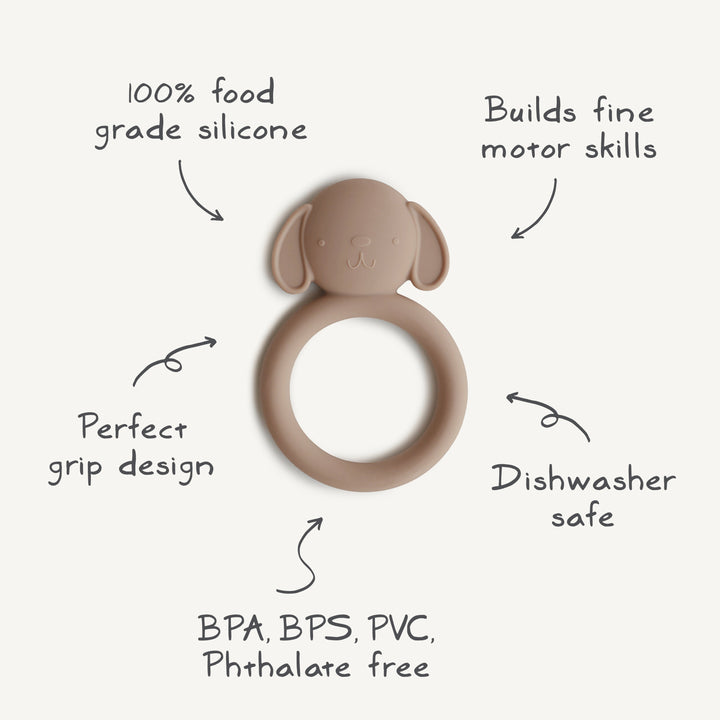 Infographic showing the Mushie animal ring teether features: food-grade silicone and an easy-grip ring that soothes sore gums