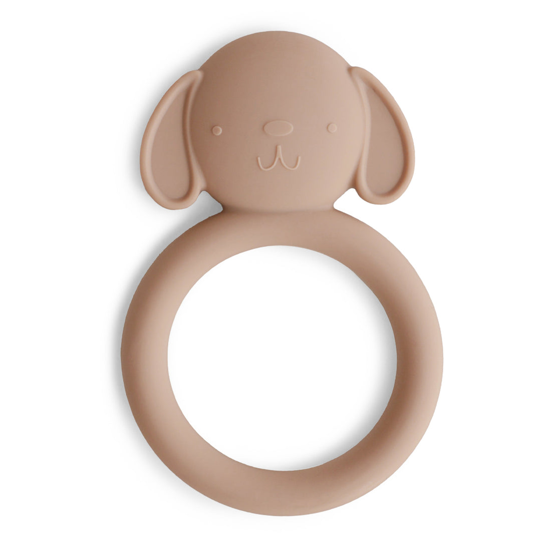 Mushie dog silicone ring teether in tan, front view
