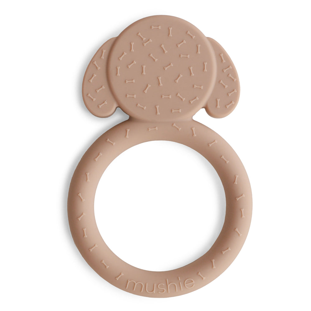 Back of the Mushie dog silicone ring teether showing the easy-grip ring