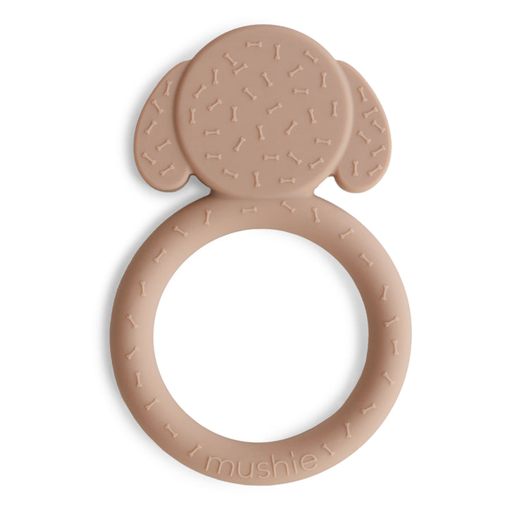 Back of the Mushie dog silicone ring teether showing the easy-grip ring