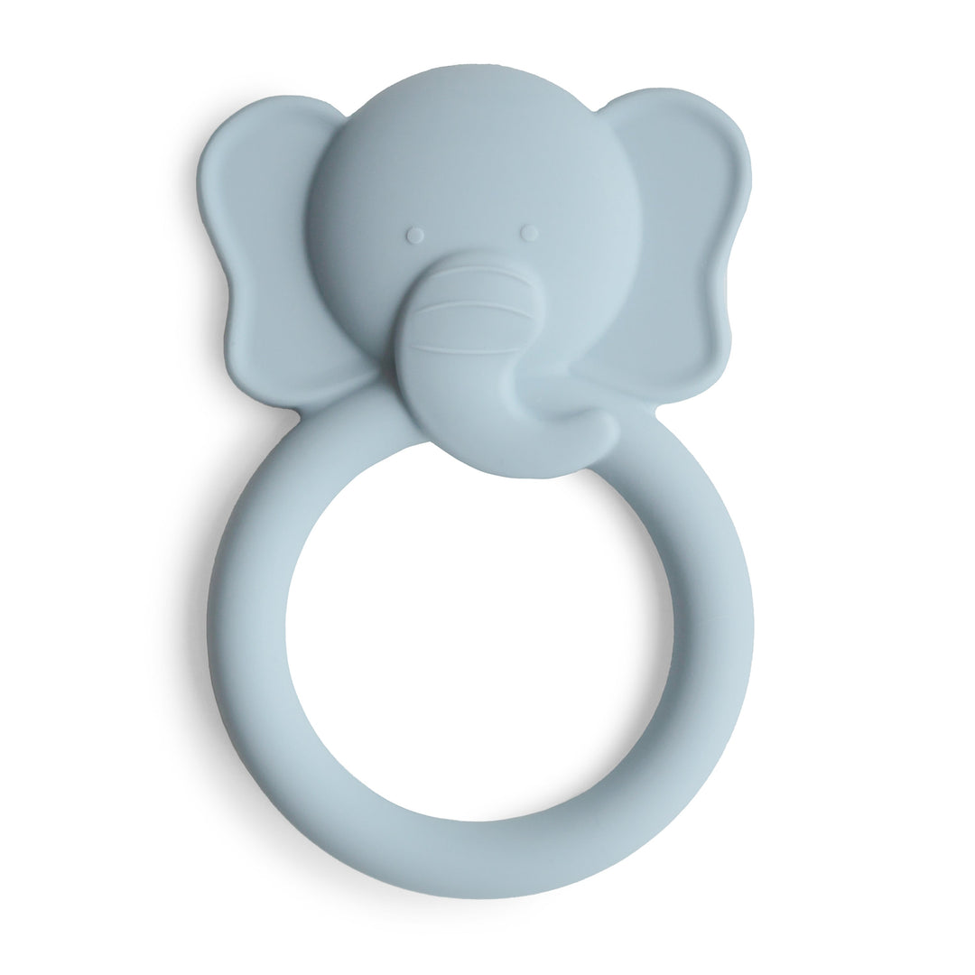 Mushie elephant silicone ring teether in cloud blue, front view