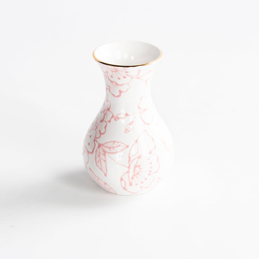 White vase with delicate red outlined peony and leaf chinoiserie pattern and a gold rim