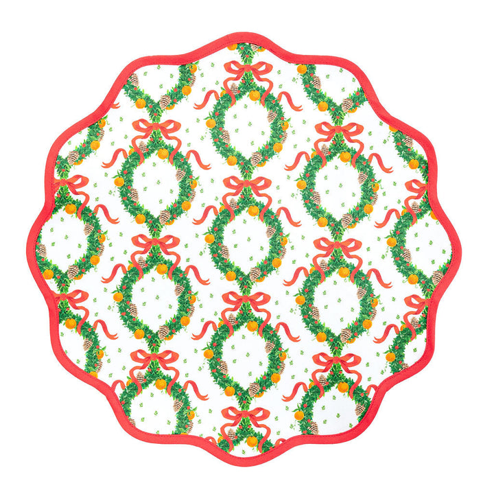 Holiday Wreath round placemat by Frances Fields Home in Rosebud Red