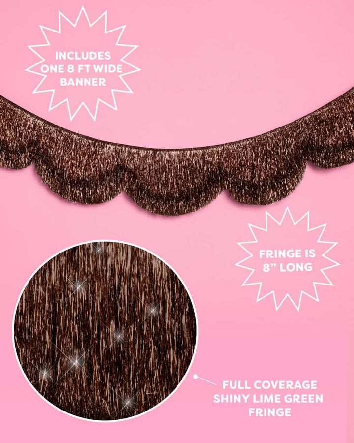 Espresso fringe banner detail showing the brown foil strands and the scalloped top edge