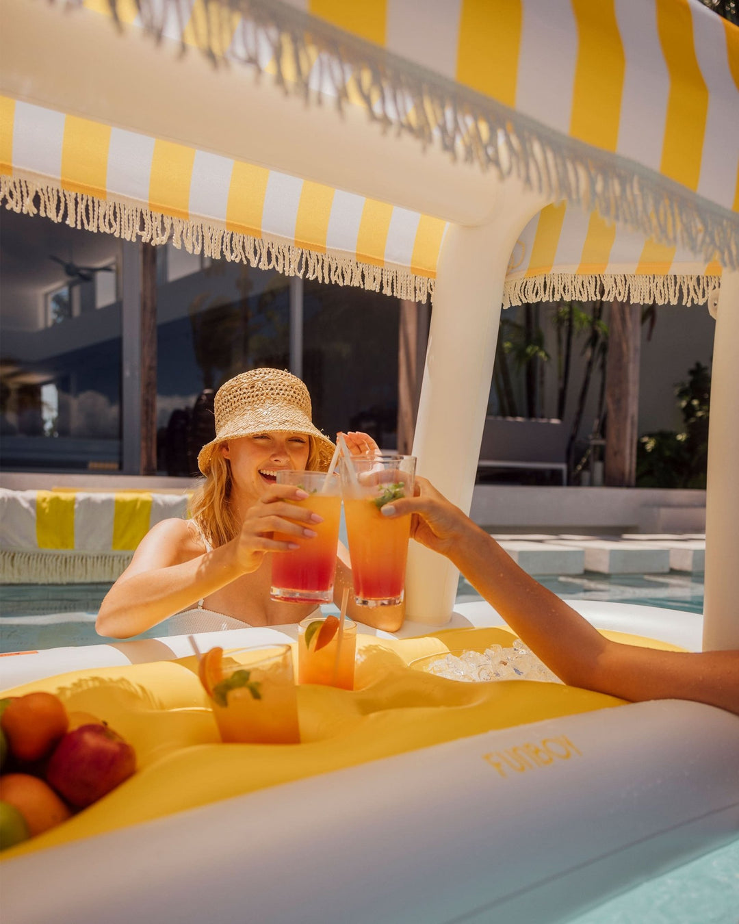 Inflatable Pool Bar, Yellow Cabana Stripe