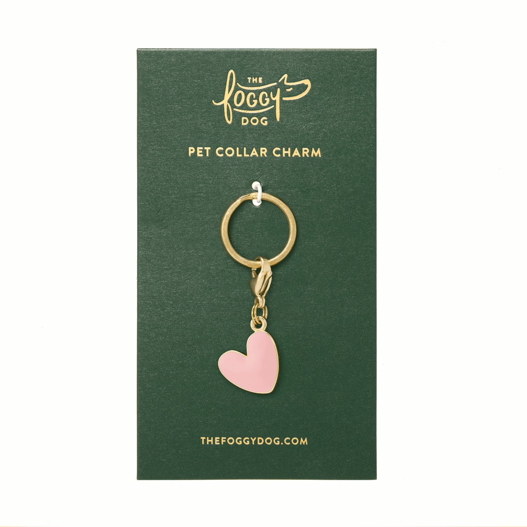 Pink heart collar charm on its green The Foggy Dog backer card