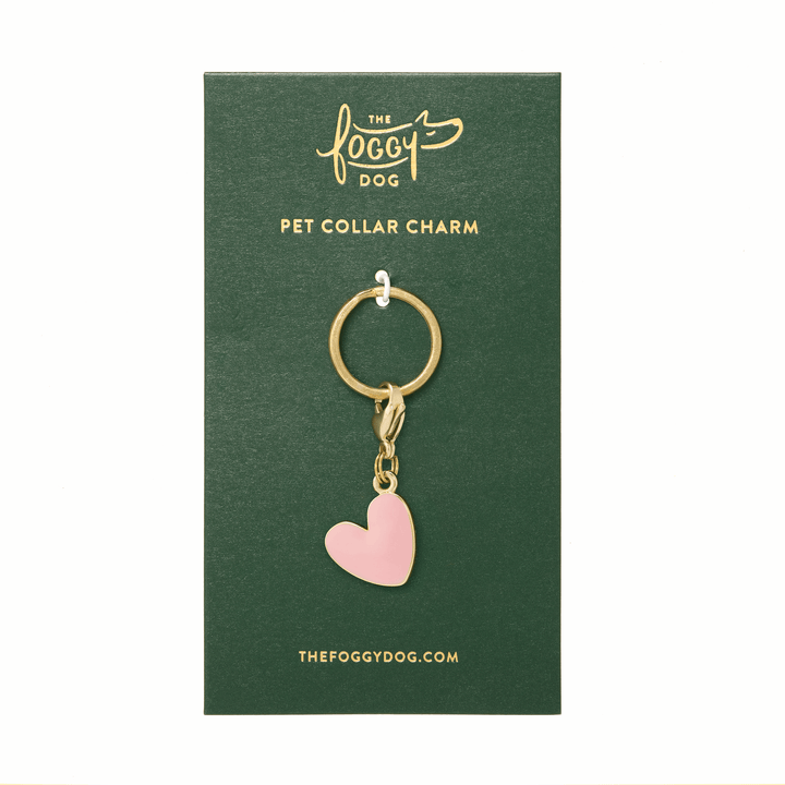 Pink heart collar charm on its green The Foggy Dog backer card