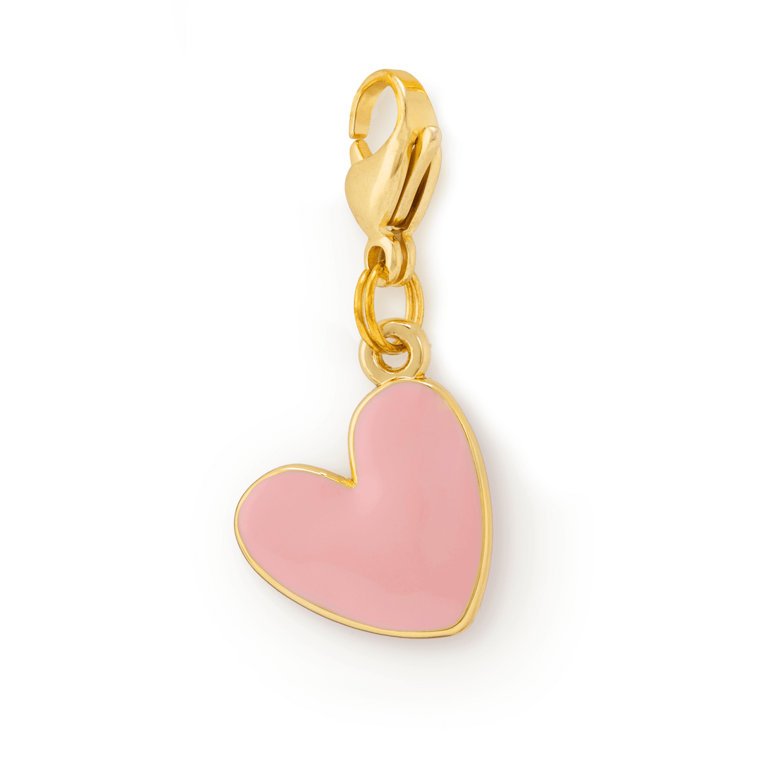 Light pink enamel heart dog collar charm with a thin gold edge, on a gold lobster clasp