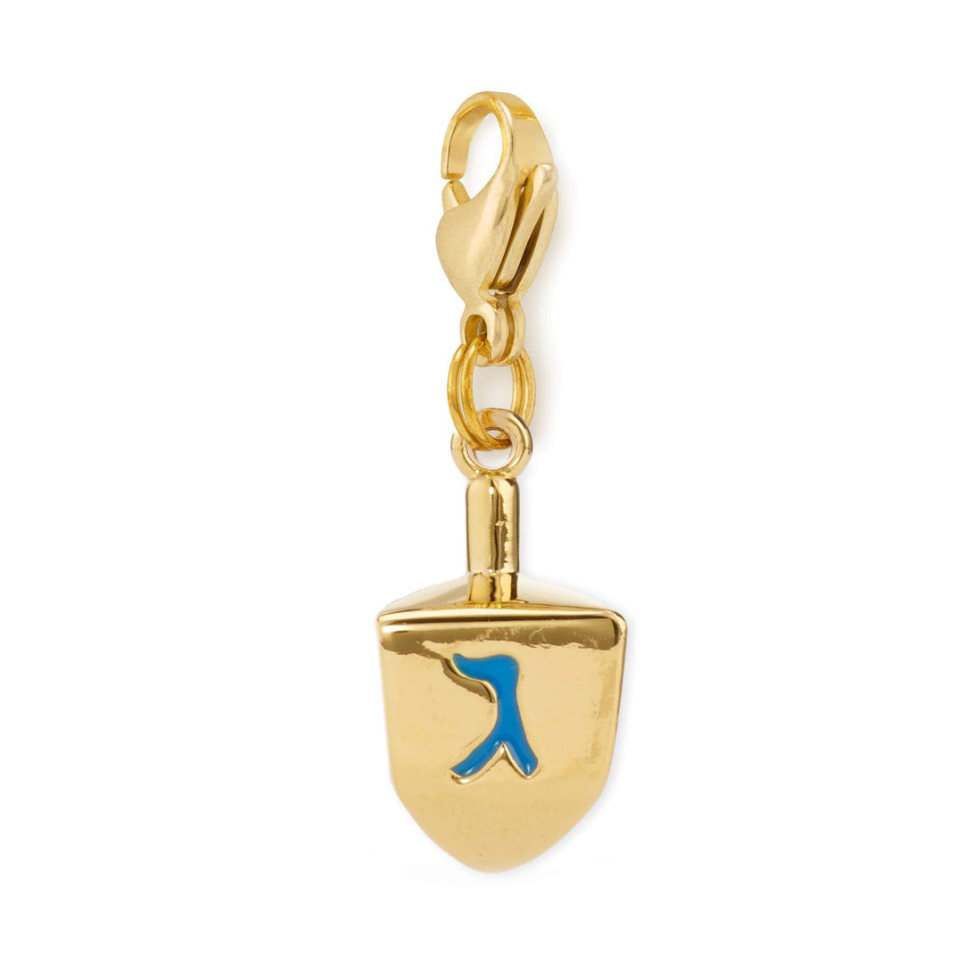 Three dimensional gold dreidel dog collar charm with a blue Hebrew letter, hanging from a lobster clasp on white