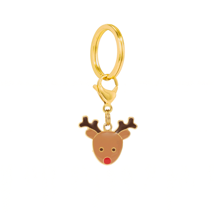 Brown reindeer collar charm with dark antlers and red nose beneath a gold clasp and split ring on white.