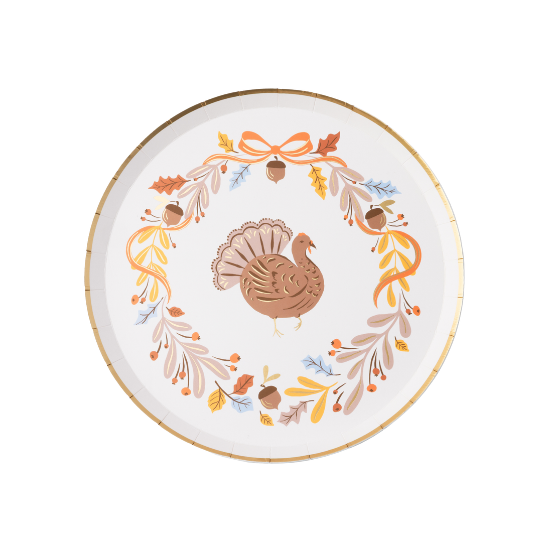 FALL FOLIAGE TURKEY DESSERT PLATES Bonjour Fete Plates FALL FOLIAGE TURKEY DESSERT PLATES Bonjour Fete - Party Supplies