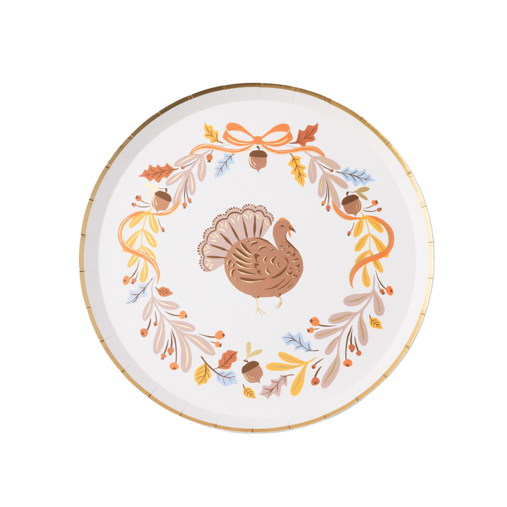 FALL FOLIAGE TURKEY DESSERT PLATES Bonjour Fete Plates FALL FOLIAGE TURKEY DESSERT PLATES Bonjour Fete - Party Supplies
