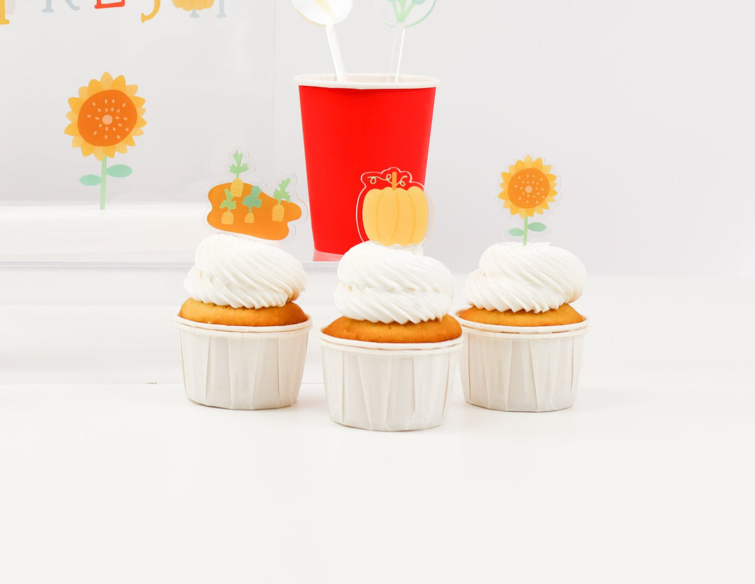 Acrylic farm themed mini cupcake toppers in the Farm Fresh design