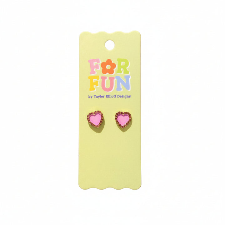 Heart-shaped earrings on a 'FOR FUN' branded card against a light purple background