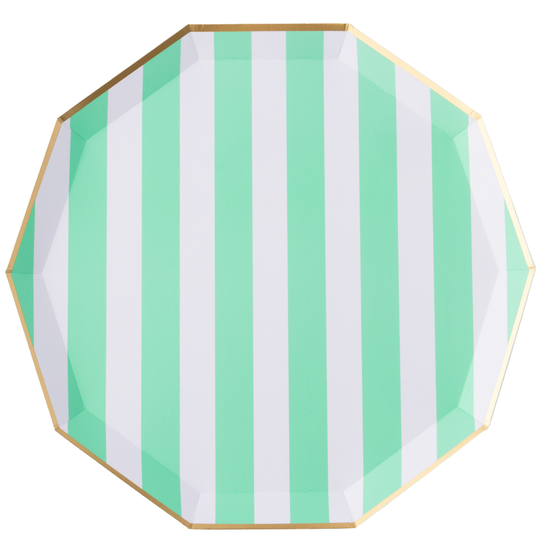 FRESH MINT SIGNATURE CABANA STRIPE LARGE PLATES Bonjour Fete Plates FRESH MINT SIGNATURE CABANA STRIPE LARGE PLATES Bonjour Fete - Party Supplies