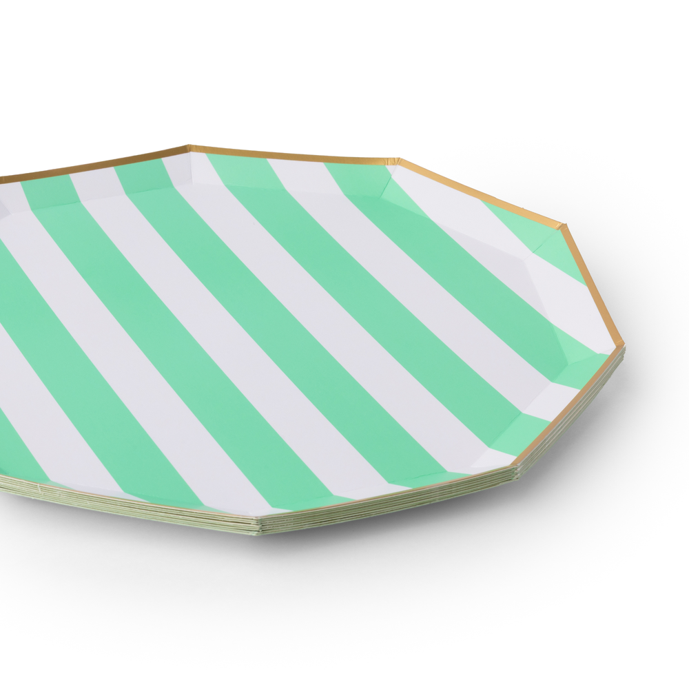 FRESH MINT SIGNATURE CABANA STRIPE LARGE PLATES Bonjour Fete Plates FRESH MINT SIGNATURE CABANA STRIPE LARGE PLATES Bonjour Fete - Party Supplies